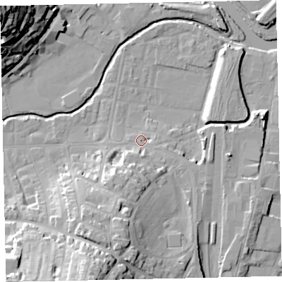 Shaded relief map of the ground around TQ122BN, computed from Environment Agency LiDAR. The ground here sits at about 5 m above sea level and falls 39 m across the surrounding 800 m. Surface water reaching this point runs off ground lying to the south-south-west, 10.1 m higher.