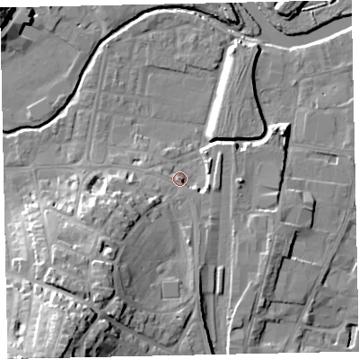 Shaded relief map of the ground around TQ122BS, computed from Environment Agency LiDAR. The ground here sits at about 6 m above sea level and falls 39 m across the surrounding 800 m. Surface water reaching this point runs off ground lying to the south-west, 15.1 m higher.