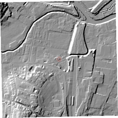 Shaded relief map of the ground around TQ122BU, computed from Environment Agency LiDAR. The ground here sits at about 4 m above sea level and falls 29 m across the surrounding 800 m. Surface water reaching this point runs off ground lying to the south-south-west, 19.1 m higher.