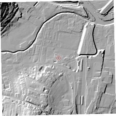 Shaded relief map of the ground around TQ122BX, computed from Environment Agency LiDAR. The ground here sits at about 4 m above sea level and falls 35 m across the surrounding 800 m. Surface water reaching this point runs off ground lying to the south, 2.6 m higher.