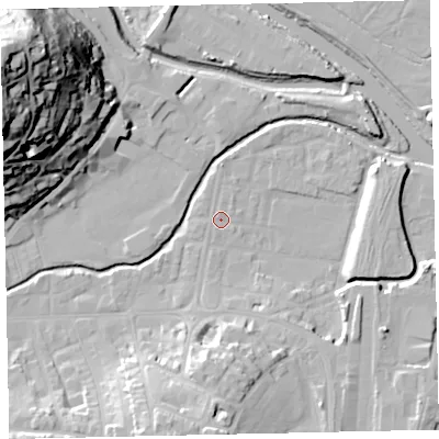 Shaded relief map of the ground around TQ122BY, computed from Environment Agency LiDAR. The ground here sits at about 3 m above sea level and falls 53 m across the surrounding 800 m. Surface water reaching this point runs off ground lying to the south, 17.2 m higher.