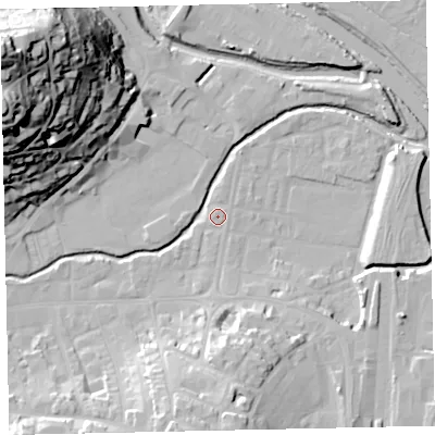 Shaded relief map of the ground around TQ122BZ, computed from Environment Agency LiDAR. The ground here sits at about 3 m above sea level and falls 60 m across the surrounding 800 m. Surface water reaching this point runs off ground lying to the south, 17.1 m higher.