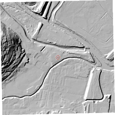 Shaded relief map of the ground around TQ122DA, computed from Environment Agency LiDAR. The ground here sits at about 4 m above sea level and falls 46 m across the surrounding 800 m. Surface water reaching this point runs off ground lying to the west-south-west, 1.2 m higher.