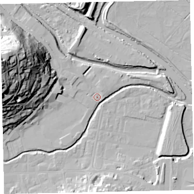 Shaded relief map of the ground around TQ122DB, computed from Environment Agency LiDAR. The ground here sits at about 3 m above sea level and falls 57 m across the surrounding 800 m. Surface water reaching this point runs off ground lying to the west-north-west, 54.1 m higher.