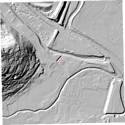 Shaded relief map of the ground around TQ122DD, computed from Environment Agency LiDAR. The ground here sits at about 4 m above sea level and falls 60 m across the surrounding 800 m. Surface water reaching this point runs off ground lying to the west, 57.1 m higher.