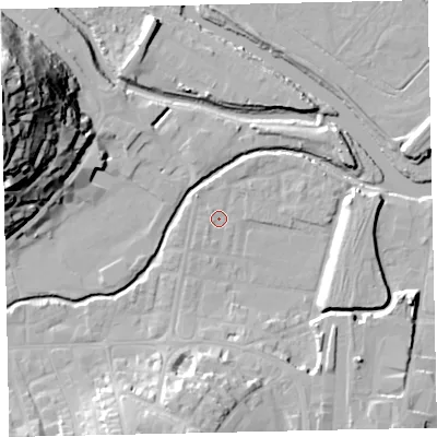 Shaded relief map of the ground around TQ122DF, computed from Environment Agency LiDAR. The ground here sits at about 3 m above sea level and falls 46 m across the surrounding 800 m. Surface water reaching this point runs off ground lying to the south, 14.3 m higher.