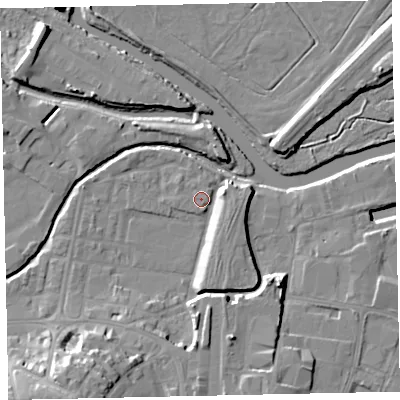 Shaded relief map of the ground around TQ122DG, computed from Environment Agency LiDAR. The ground here sits at about 3 m above sea level and falls 16 m across the surrounding 800 m. The ground contributing surface water to this point lies to the east.