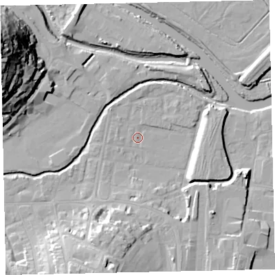 Shaded relief map of the ground around TQ122DH, computed from Environment Agency LiDAR. The ground here sits at about 3 m above sea level and falls 42 m across the surrounding 800 m. Surface water reaching this point runs off ground lying to the south, 15.3 m higher.