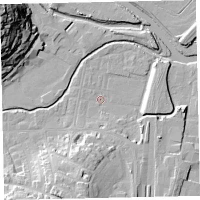 Shaded relief map of the ground around TQ122DJ, computed from Environment Agency LiDAR. The ground here sits at about 3 m above sea level and falls 44 m across the surrounding 800 m. Surface water reaching this point runs off ground lying to the south, 18.9 m higher.