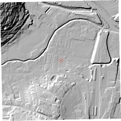 Shaded relief map of the ground around TQ122DL, computed from Environment Agency LiDAR. The ground here sits at about 3 m above sea level and falls 48 m across the surrounding 800 m. Surface water reaching this point runs off ground lying to the south, 19.2 m higher.