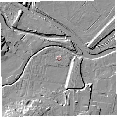 Shaded relief map of the ground around TQ122DN, computed from Environment Agency LiDAR. The ground here sits at about 3 m above sea level and falls 15 m across the surrounding 800 m. Surface water reaching this point runs off ground lying to the north-east, 1.4 m higher.