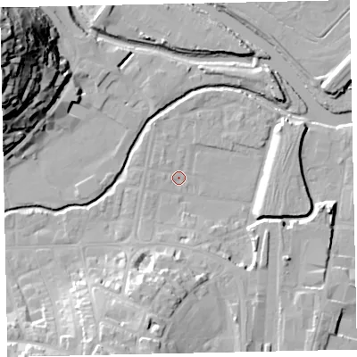 Shaded relief map of the ground around TQ122DQ, computed from Environment Agency LiDAR. The ground here sits at about 3 m above sea level and falls 45 m across the surrounding 800 m. Surface water reaching this point runs off ground lying to the south, 17.7 m higher.