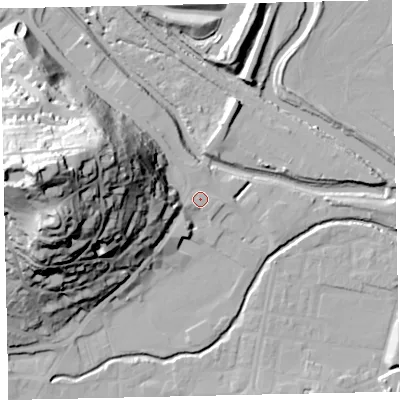 Shaded relief map of the ground around TQ122DR, computed from Environment Agency LiDAR. The ground here sits at about 5 m above sea level and falls 64 m across the surrounding 800 m. Surface water reaching this point runs off ground lying to the west, 55.8 m higher.