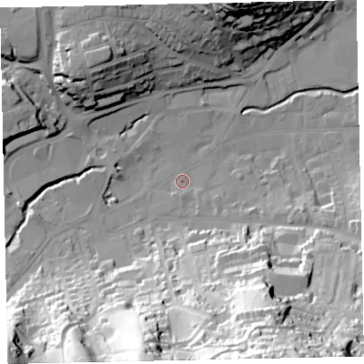 Shaded relief map of the ground around TQ122DT, computed from Environment Agency LiDAR. The ground here sits at about 5 m above sea level and falls 73 m across the surrounding 800 m. Surface water reaching this point runs off ground lying to the south-south-east, 69.6 m higher.