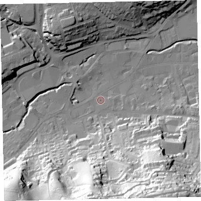 Shaded relief map of the ground around TQ122DU, computed from Environment Agency LiDAR. The ground here sits at about 6 m above sea level and falls 80 m across the surrounding 800 m. Surface water reaching this point runs off ground lying to the south-south-east, 75.9 m higher.