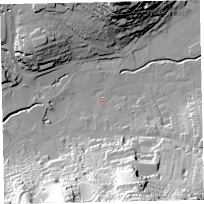Shaded relief map of the ground around TQ122EA, computed from Environment Agency LiDAR. The ground here sits at about 5 m above sea level and falls 63 m across the surrounding 800 m. Surface water reaching this point runs off ground lying to the south-south-east, 59.7 m higher.