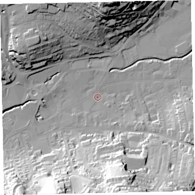 Shaded relief map of the ground around TQ122EB, computed from Environment Agency LiDAR. The ground here sits at about 5 m above sea level and falls 63 m across the surrounding 800 m. Surface water reaching this point runs off ground lying to the south-south-east, 59.6 m higher.