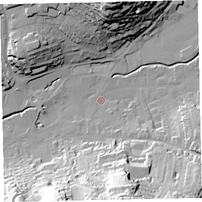 Shaded relief map of the ground around TQ122ED, computed from Environment Agency LiDAR. The ground here sits at about 5 m above sea level and falls 60 m across the surrounding 800 m. Surface water reaching this point runs off ground lying to the south, 56.9 m higher.