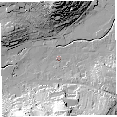 Shaded relief map of the ground around TQ122EF, computed from Environment Agency LiDAR. The ground here sits at about 4 m above sea level and falls 54 m across the surrounding 800 m. Surface water reaching this point runs off ground lying to the south, 51.0 m higher.