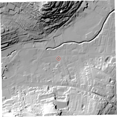 Shaded relief map of the ground around TQ122EH, computed from Environment Agency LiDAR. The ground here sits at about 4 m above sea level and falls 53 m across the surrounding 800 m. Surface water reaching this point runs off ground lying to the south, 50.2 m higher.