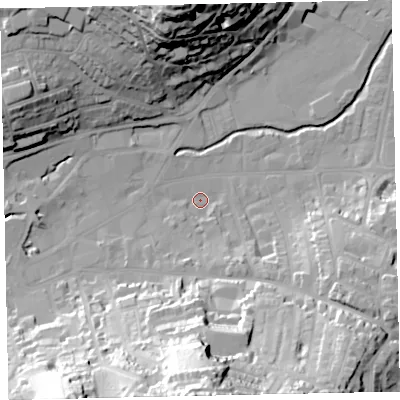 Shaded relief map of the ground around TQ122EL, computed from Environment Agency LiDAR. The ground here sits at about 4 m above sea level and falls 59 m across the surrounding 800 m. Surface water reaching this point runs off ground lying to the south, 56.6 m higher.