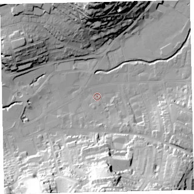 Shaded relief map of the ground around TQ122EN, computed from Environment Agency LiDAR. The ground here sits at about 5 m above sea level and falls 60 m across the surrounding 800 m. Surface water reaching this point runs off ground lying to the south, 57.3 m higher.