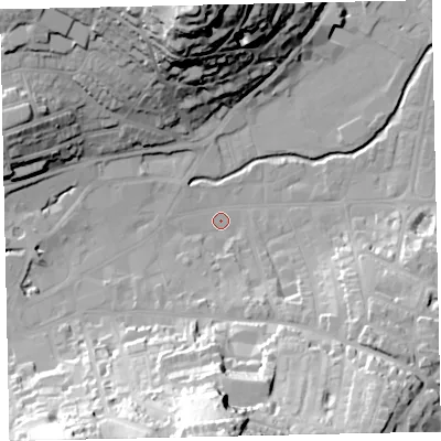 Shaded relief map of the ground around TQ122EQ, computed from Environment Agency LiDAR. The ground here sits at about 4 m above sea level and falls 53 m across the surrounding 800 m. Surface water reaching this point runs off ground lying to the south, 50.4 m higher.