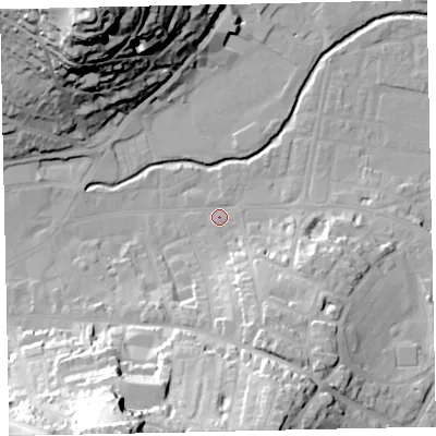 Shaded relief map of the ground around TQ122ER, computed from Environment Agency LiDAR. The ground here sits at about 4 m above sea level and falls 53 m across the surrounding 800 m. Surface water reaching this point runs off ground lying to the south-south-east, 15.2 m higher.