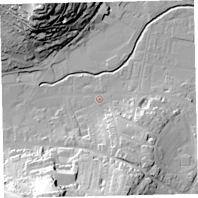 Shaded relief map of the ground around TQ122ES, computed from Environment Agency LiDAR. The ground here sits at about 4 m above sea level and falls 53 m across the surrounding 800 m. Surface water reaching this point runs off ground lying to the south-south-east, 15.2 m higher.