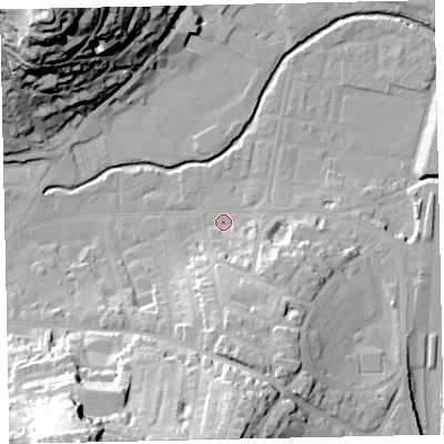 Shaded relief map of the ground around TQ122ET, computed from Environment Agency LiDAR. The ground here sits at about 4 m above sea level and falls 53 m across the surrounding 800 m. Surface water reaching this point runs off ground lying to the south-south-east, 17.2 m higher.