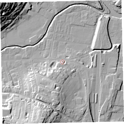 Shaded relief map of the ground around TQ122EU, computed from Environment Agency LiDAR. The ground here sits at about 7 m above sea level and falls 47 m across the surrounding 800 m. Surface water reaching this point runs off ground lying to the south-south-west, 10.2 m higher.