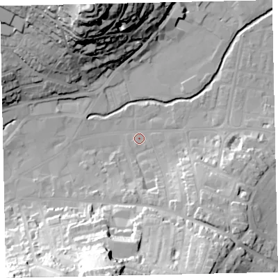 Shaded relief map of the ground around TQ122EW, computed from Environment Agency LiDAR. The ground here sits at about 4 m above sea level and falls 53 m across the surrounding 800 m. Surface water reaching this point runs off ground lying to the south-south-east, 32.9 m higher.