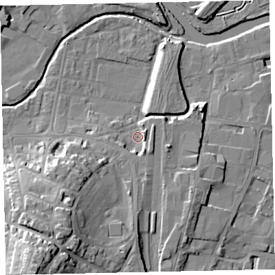 Shaded relief map of the ground around TQ122FB, computed from Environment Agency LiDAR. The ground here sits at about 4 m above sea level and falls 34 m across the surrounding 800 m. Surface water reaching this point runs off ground lying to the south, 5.3 m higher.