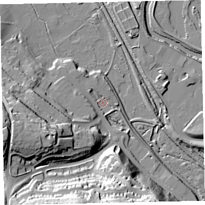 Shaded relief map of the ground around TQ122FD, computed from Environment Agency LiDAR. The ground here sits at about 4 m above sea level and falls 45 m across the surrounding 800 m. Surface water reaching this point runs off ground lying to the north-west, 3.4 m higher.