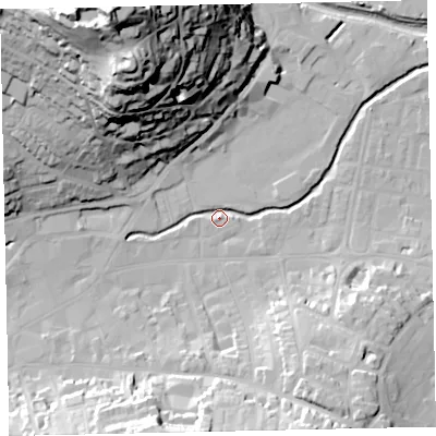 Shaded relief map of the ground around TQ122FE, computed from Environment Agency LiDAR. The ground here sits at about 4 m above sea level and falls 64 m across the surrounding 800 m. Surface water reaching this point runs off ground lying to the south-south-west, 28.0 m higher.