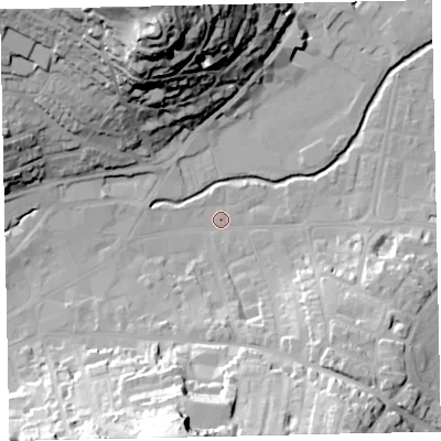 Shaded relief map of the ground around TQ122FF, computed from Environment Agency LiDAR. The ground here sits at about 4 m above sea level and falls 53 m across the surrounding 800 m. Surface water reaching this point runs off ground lying to the south, 41.4 m higher.