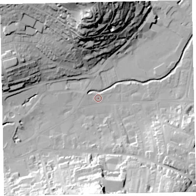 Shaded relief map of the ground around TQ122FG, computed from Environment Agency LiDAR. The ground here sits at about 4 m above sea level and falls 55 m across the surrounding 800 m. Surface water reaching this point runs off ground lying to the west-north-west, 1.4 m higher.
