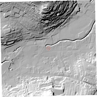 Shaded relief map of the ground around TQ122FH, computed from Environment Agency LiDAR. The ground here sits at about 4 m above sea level and falls 55 m across the surrounding 800 m. Surface water reaching this point runs off ground lying to the west-north-west, 1.2 m higher.