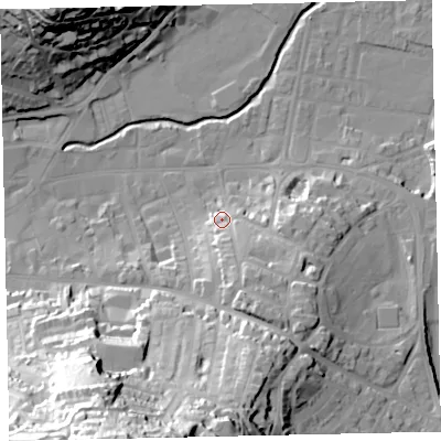 Shaded relief map of the ground around TQ122HH, computed from Environment Agency LiDAR. The ground here sits at about 9 m above sea level and falls 70 m across the surrounding 800 m. Surface water reaching this point runs off ground lying to the south-south-east, 12.3 m higher.