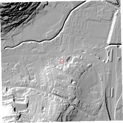 Shaded relief map of the ground around TQ122HP, computed from Environment Agency LiDAR. The ground here sits at about 8 m above sea level and falls 59 m across the surrounding 800 m. Surface water reaching this point runs off ground lying to the south-south-east, 11.0 m higher.