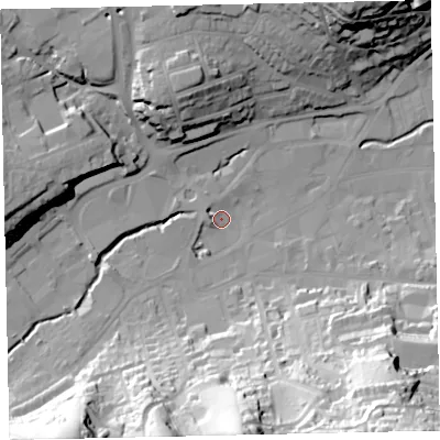 Shaded relief map of the ground around TQ122JL, computed from Environment Agency LiDAR. The ground here sits at about 5 m above sea level and falls 67 m across the surrounding 800 m. Surface water reaching this point runs off ground lying to the south, 58.3 m higher.