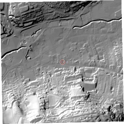 Shaded relief map of the ground around TQ122JP, computed from Environment Agency LiDAR. The ground here sits at about 7 m above sea level and falls 84 m across the surrounding 800 m. Surface water reaching this point runs off ground lying to the south-south-east, 43.4 m higher.