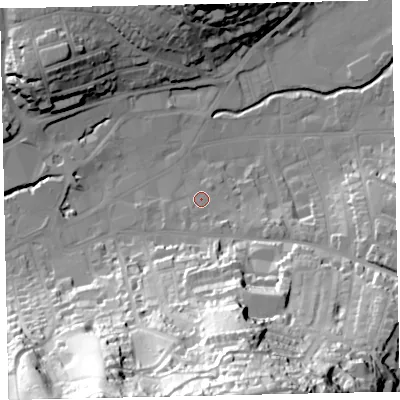 Shaded relief map of the ground around TQ122JS, computed from Environment Agency LiDAR. The ground here sits at about 6 m above sea level and falls 78 m across the surrounding 800 m. Surface water reaching this point runs off ground lying to the south-south-east, 49.8 m higher.