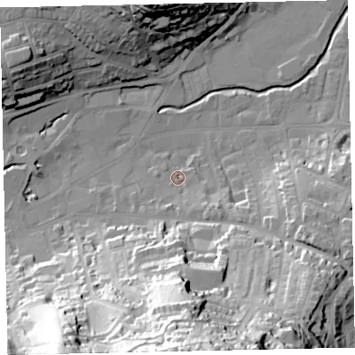 Shaded relief map of the ground around TQ122JU, computed from Environment Agency LiDAR. The ground here sits at about 5 m above sea level and falls 73 m across the surrounding 800 m. Surface water reaching this point runs off ground lying to the south, 69.5 m higher.