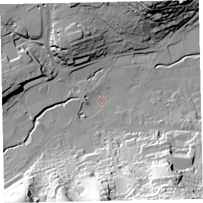 Shaded relief map of the ground around TQ122JW, computed from Environment Agency LiDAR. The ground here sits at about 5 m above sea level and falls 68 m across the surrounding 800 m. Surface water reaching this point runs off ground lying to the west, 3.4 m higher.