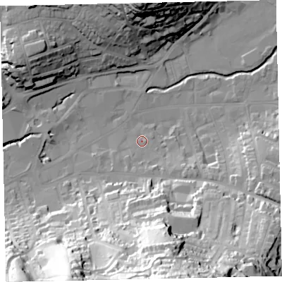 Shaded relief map of the ground around TQ122JX, computed from Environment Agency LiDAR. The ground here sits at about 6 m above sea level and falls 71 m across the surrounding 800 m. Surface water reaching this point runs off ground lying to the south-south-east, 49.9 m higher.