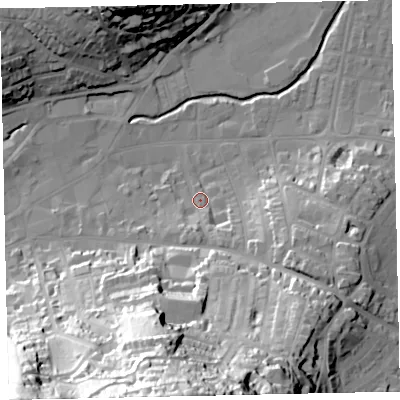 Shaded relief map of the ground around TQ122LG, computed from Environment Agency LiDAR. The ground here sits at about 6 m above sea level and falls 76 m across the surrounding 800 m. Surface water reaching this point runs off ground lying to the south-south-east, 7.2 m higher.