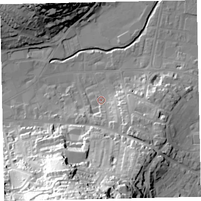 Shaded relief map of the ground around TQ122LH, computed from Environment Agency LiDAR. The ground here sits at about 6 m above sea level and falls 76 m across the surrounding 800 m. Surface water reaching this point runs off ground lying to the south, 61.3 m higher.
