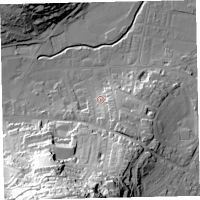 Shaded relief map of the ground around TQ122LL, computed from Environment Agency LiDAR. The ground here sits at about 10 m above sea level and falls 78 m across the surrounding 800 m. Surface water reaching this point runs off ground lying to the south, 53.2 m higher.