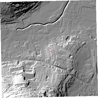 Shaded relief map of the ground around TQ122LN, computed from Environment Agency LiDAR. The ground here sits at about 10 m above sea level and falls 76 m across the surrounding 800 m. Surface water reaching this point runs off ground lying to the south-east, 9.7 m higher.